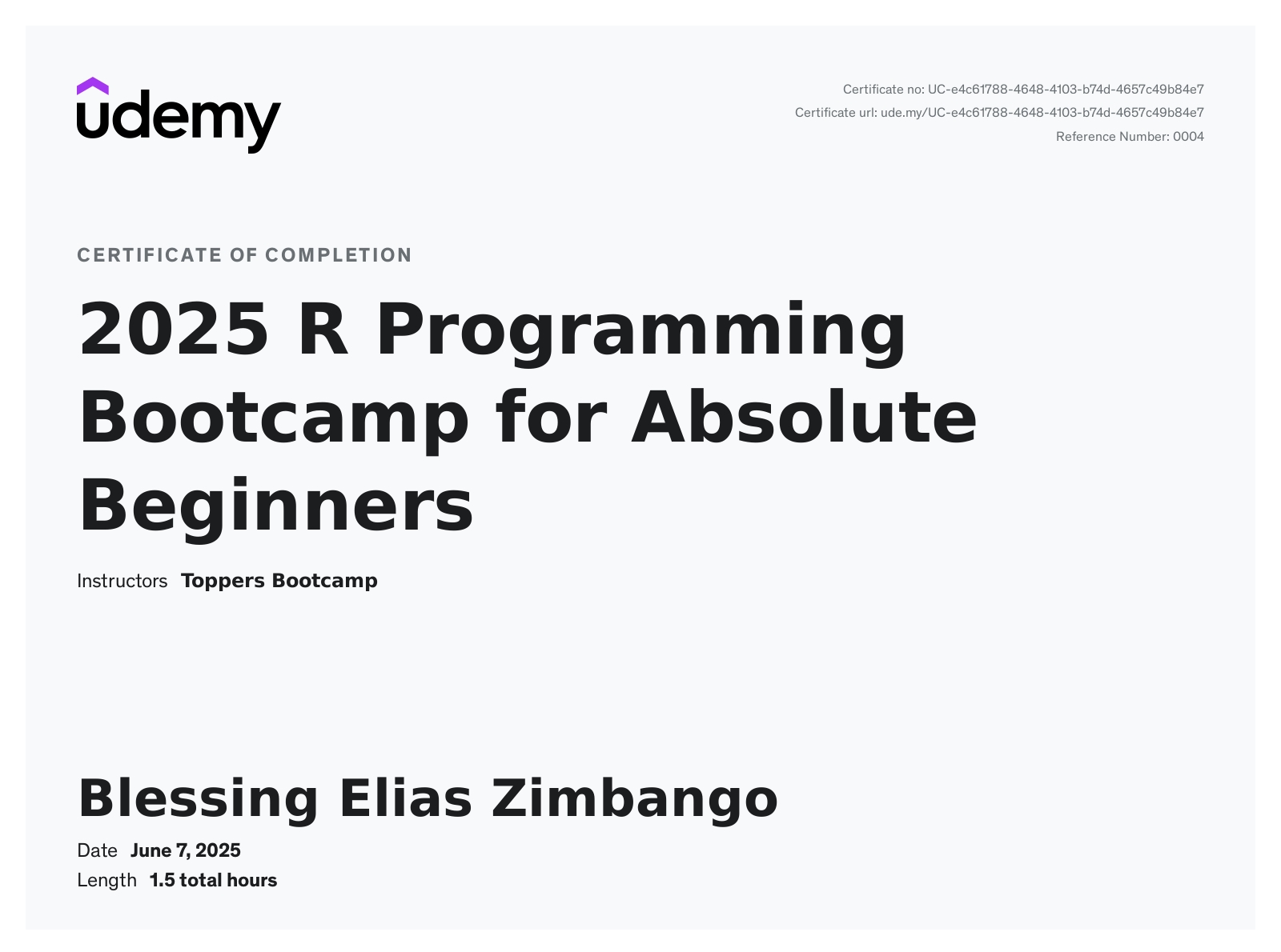 Certificate : R Programming For Beginners